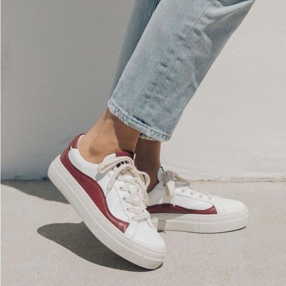 Soludos YEBO Sneaker VEGAN Leather WOMEN’s Shoes Lace Up SNEAKERS WHITE and WINE